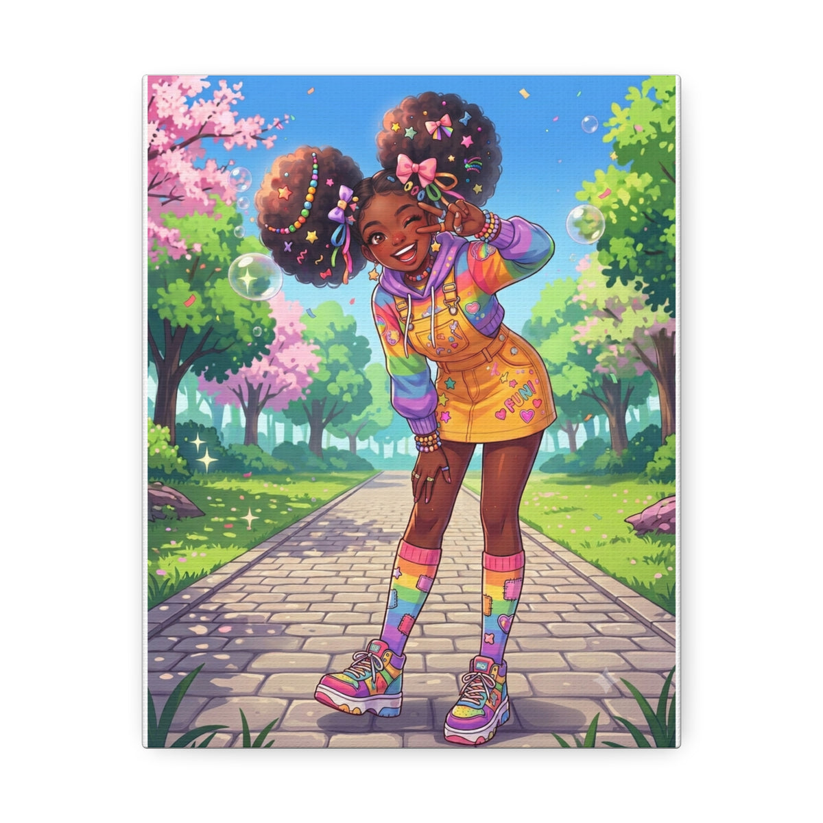 Heaven & Root Cute Black Girl Anime Wood Canvas Print - Vibrant Rainbow Afro Puff Wall Art for Kids Bedroom, Nursery & Playroom Decor