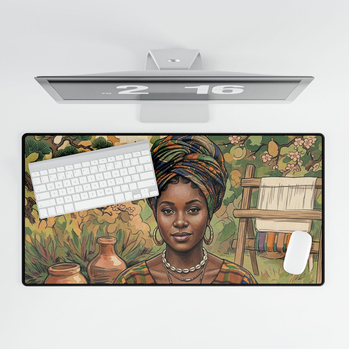African Woman Art Desk Mat — Boho Floral Desk Pad for Home Office