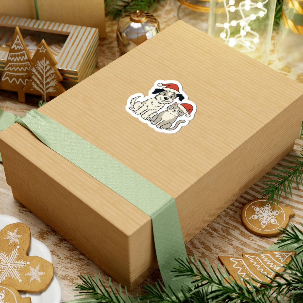 Holiday Dog and Cat Sticker — Cute Pets in Santa Hats Kiss-Cut Sticker