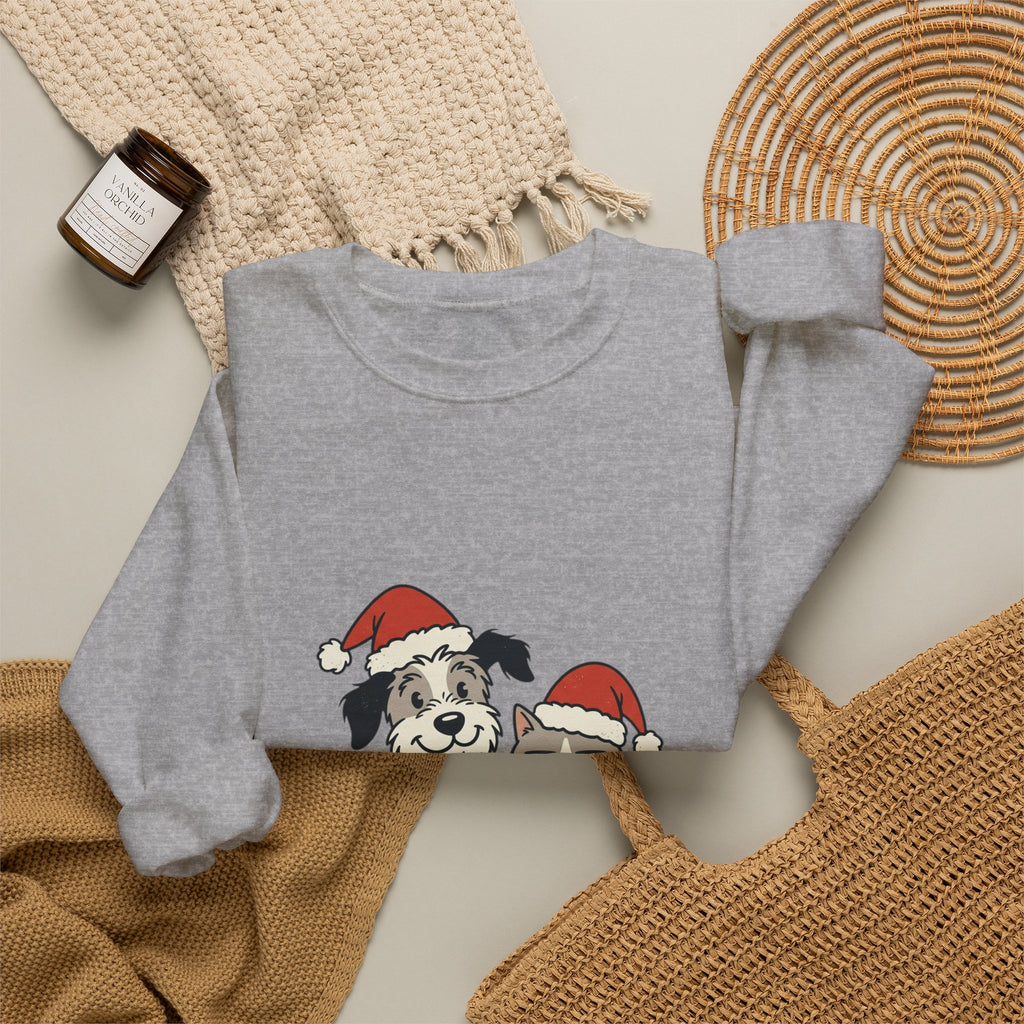 Holiday Pet Crewneck Sweatshirt — Dog & Cat in Santa Hats Christmas Sweater