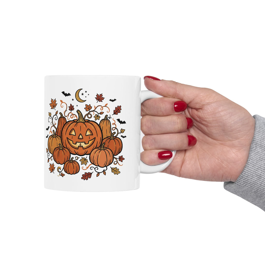 Halloween Pumpkin Jack-O'-Lantern Ceramic Mug – Autumn Leaves, Bats & Moon (11oz/15oz)