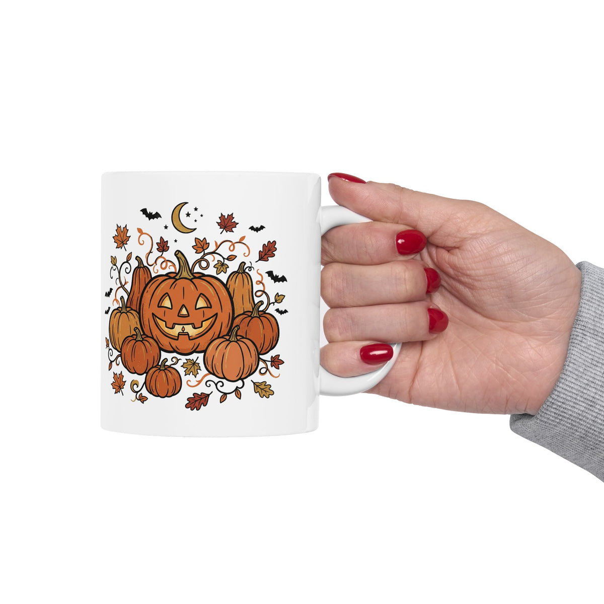Halloween Pumpkin Jack-O'-Lantern Ceramic Mug – Autumn Leaves, Bats & Moon (11oz/15oz)