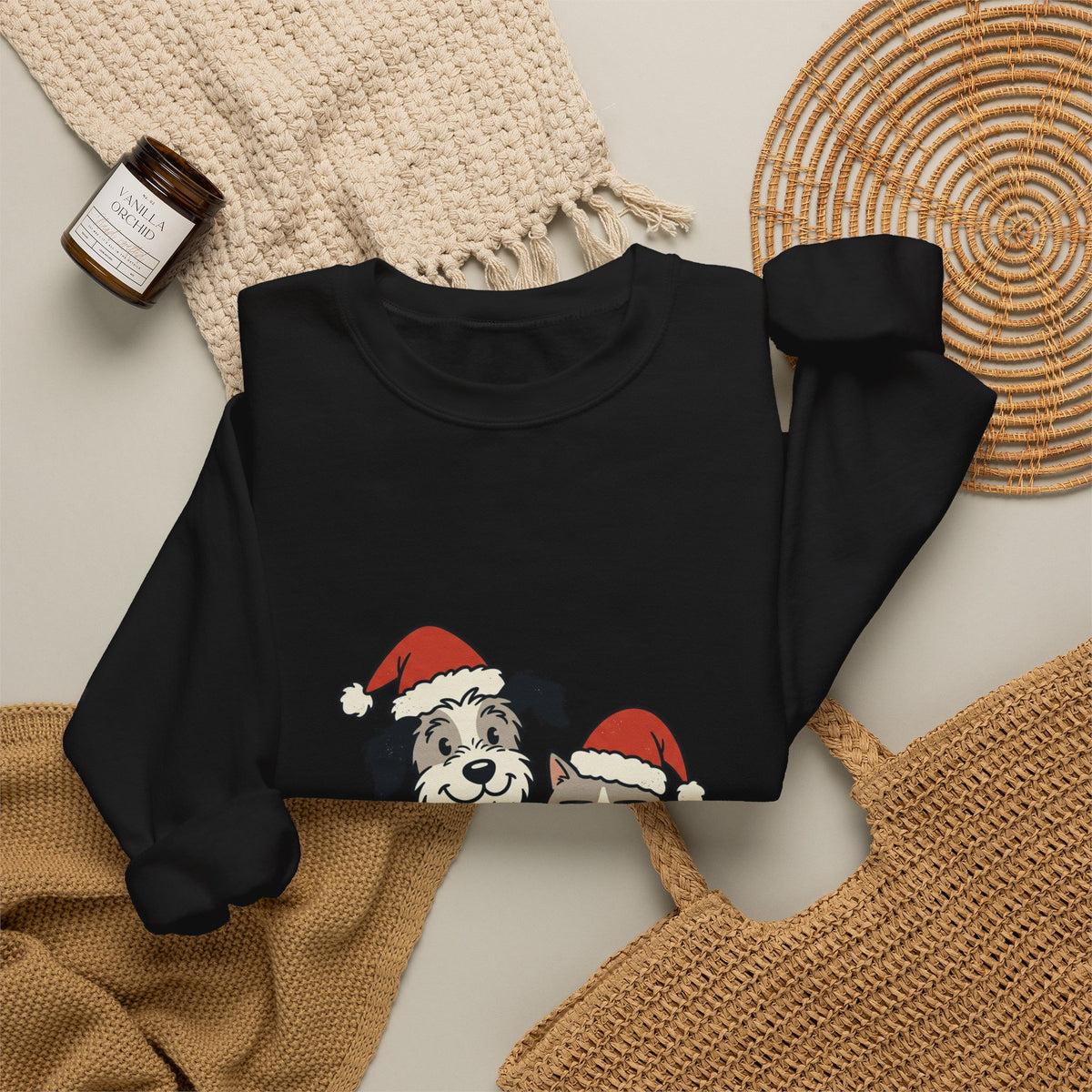 Holiday Pet Crewneck Sweatshirt — Dog & Cat in Santa Hats Christmas Sweater