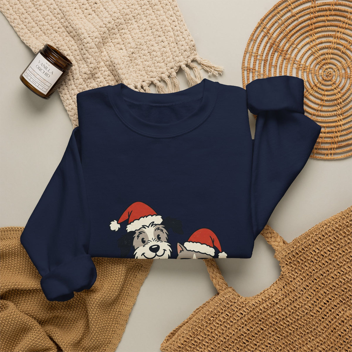 Holiday Pet Crewneck Sweatshirt — Dog & Cat in Santa Hats Christmas Sweater