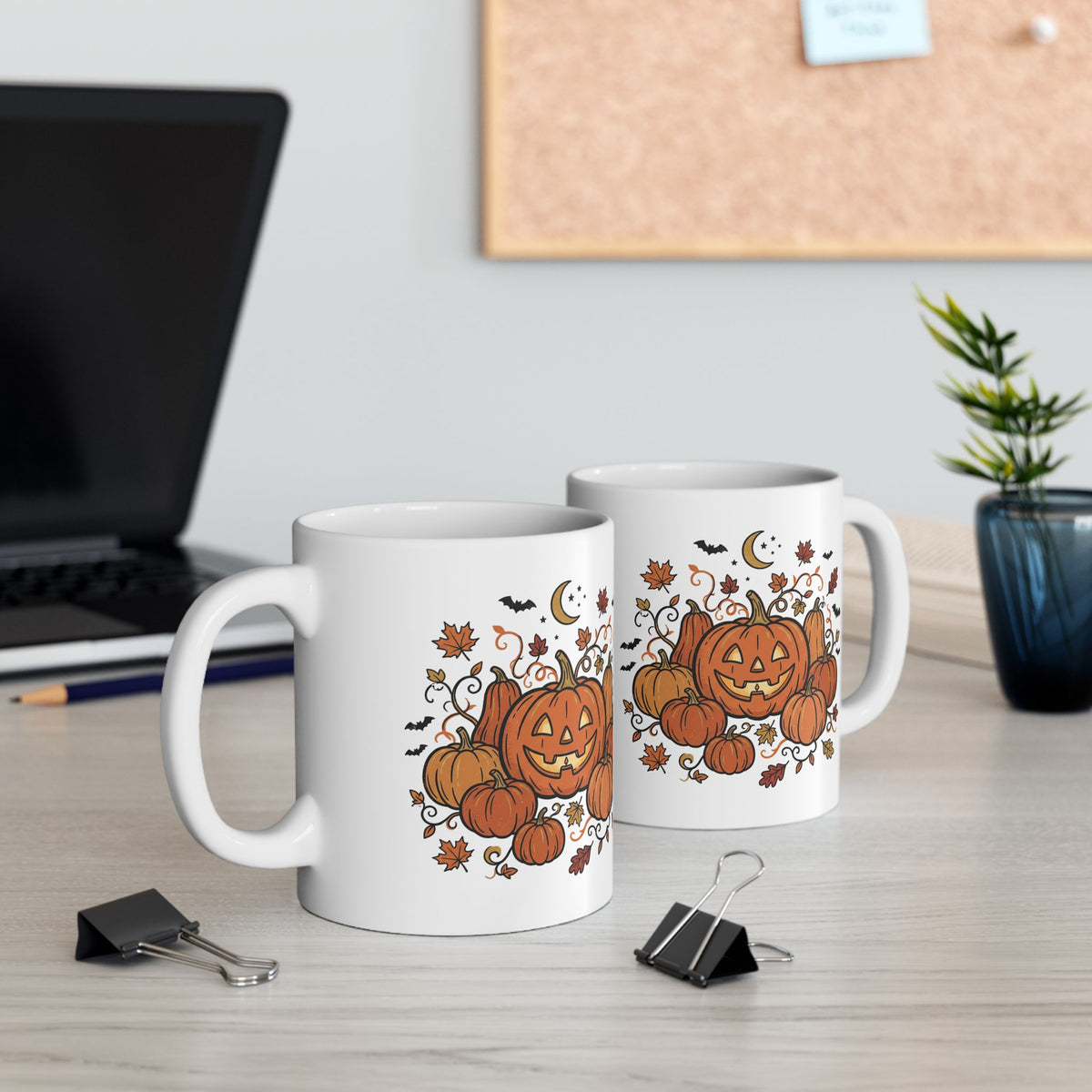 Halloween Pumpkin Jack-O'-Lantern Ceramic Mug – Autumn Leaves, Bats & Moon (11oz/15oz)