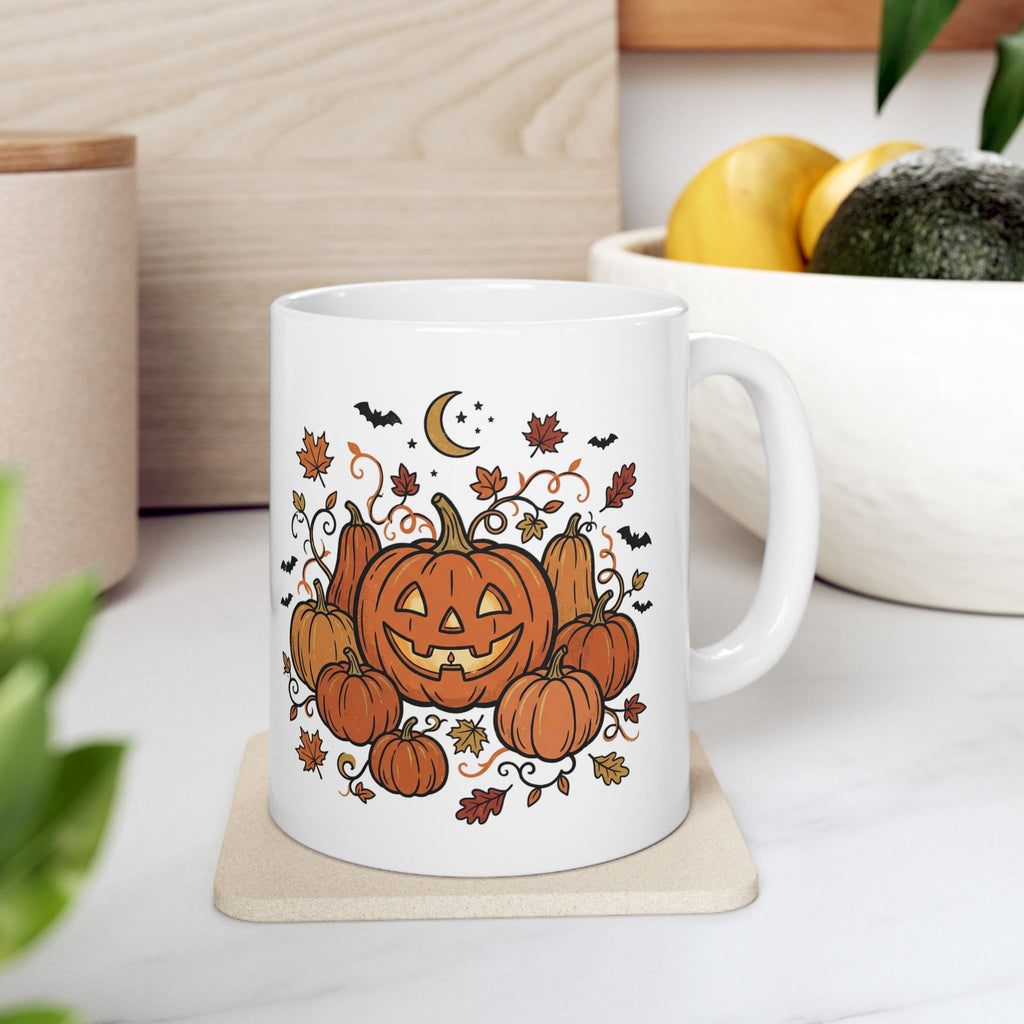 Halloween Pumpkin Jack-O'-Lantern Ceramic Mug – Autumn Leaves, Bats & Moon (11oz/15oz)