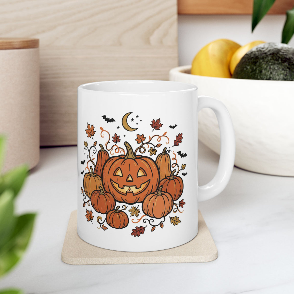 Halloween Pumpkin Jack-O'-Lantern Ceramic Mug – Autumn Leaves, Bats & Moon (11oz/15oz)