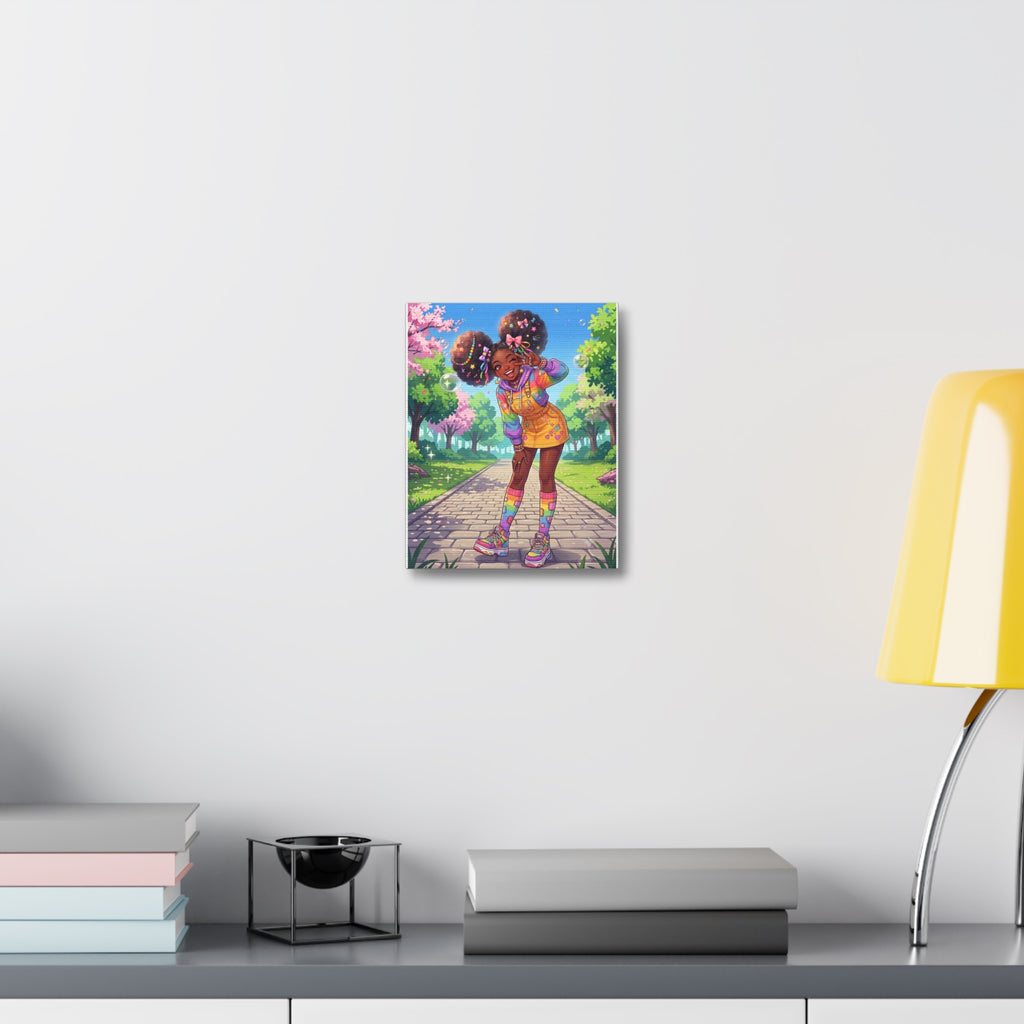 Heaven & Root Cute Black Girl Anime Wood Canvas Print - Vibrant Rainbow Afro Puff Wall Art for Kids Bedroom, Nursery & Playroom Decor