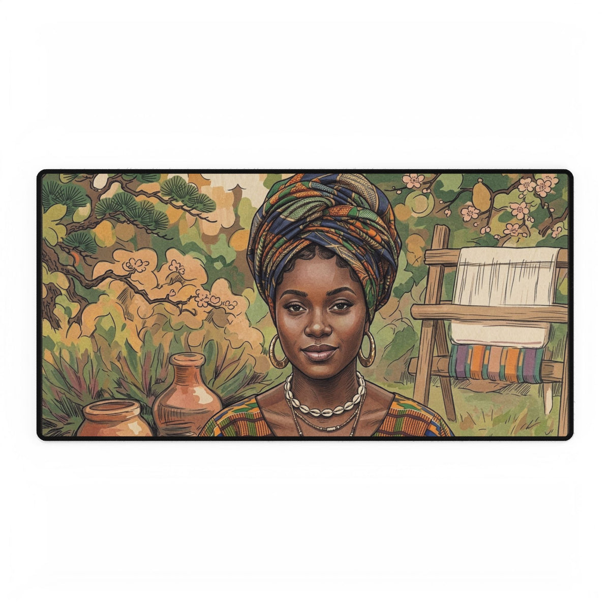 African Woman Art Desk Mat — Boho Floral Desk Pad for Home Office
