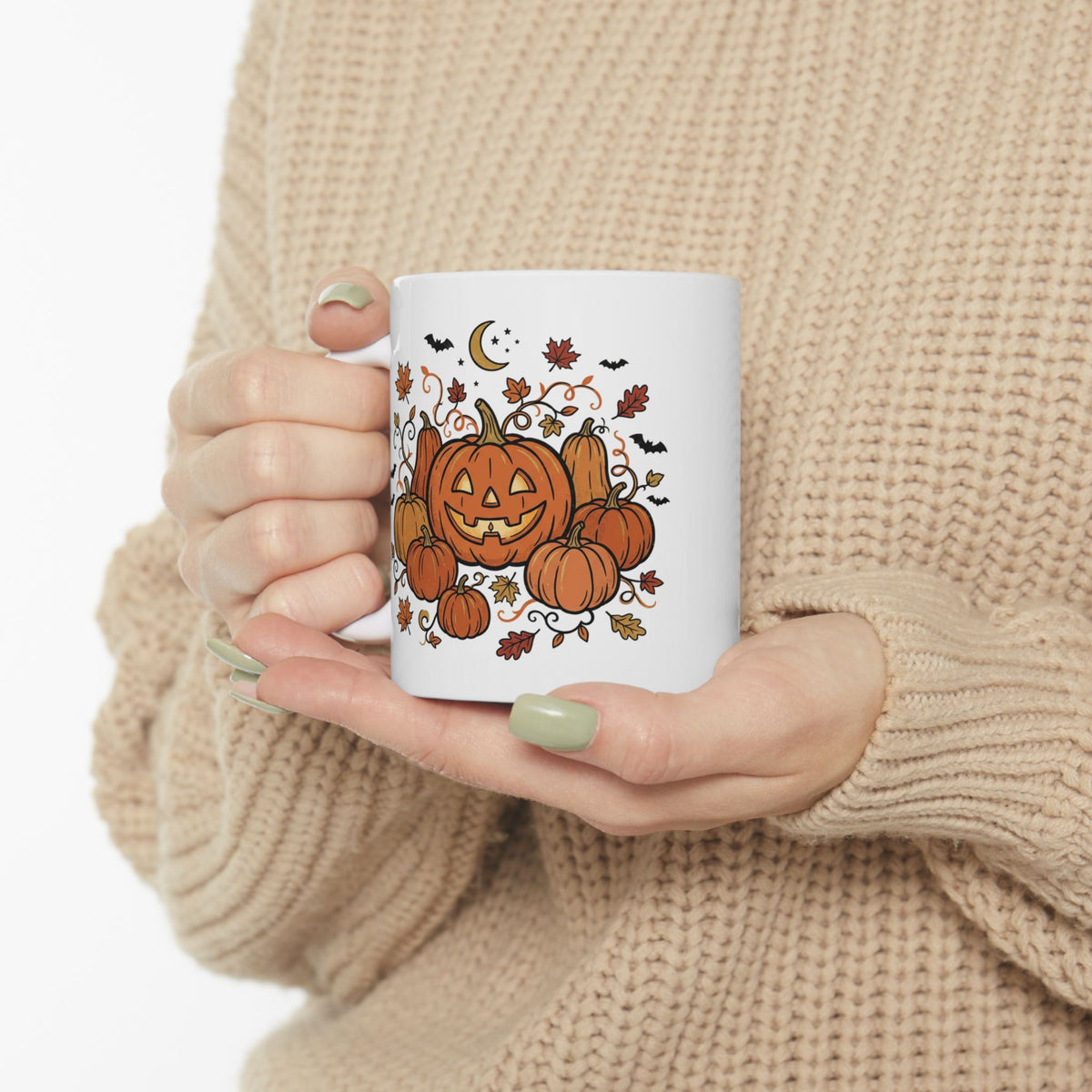Halloween Pumpkin Jack-O'-Lantern Ceramic Mug – Autumn Leaves, Bats & Moon (11oz/15oz)