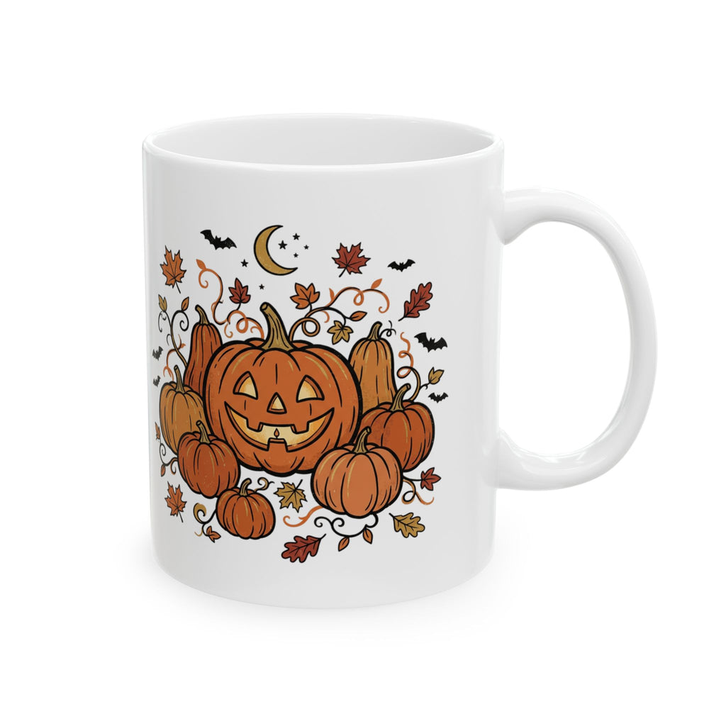 Halloween Pumpkin Jack-O'-Lantern Ceramic Mug – Autumn Leaves, Bats & Moon (11oz/15oz)