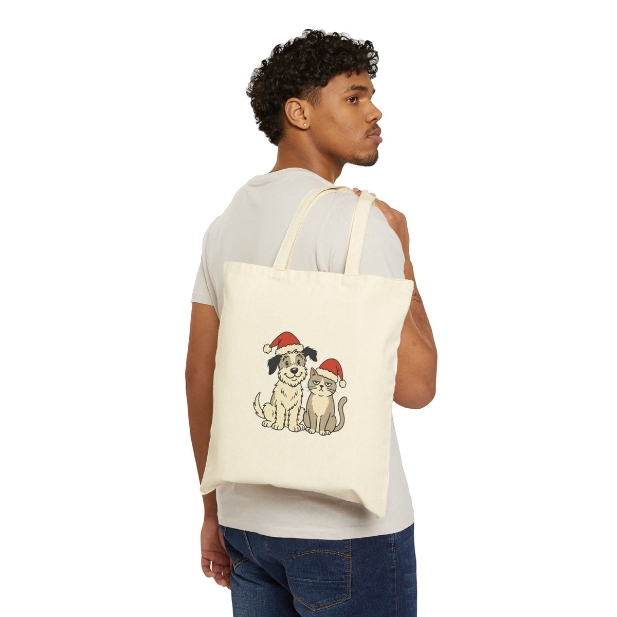 Canvas Tote Bag — Cute Dog & Cat in Santa Hats Holiday Tote