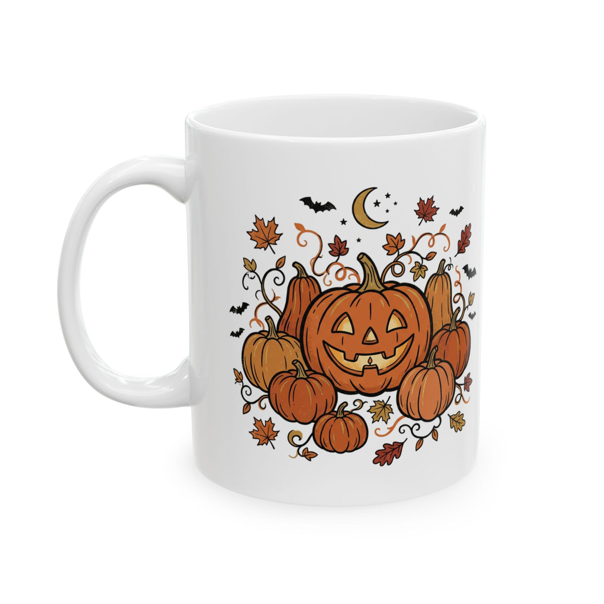 Halloween Pumpkin Jack-O'-Lantern Ceramic Mug – Autumn Leaves, Bats & Moon (11oz/15oz)