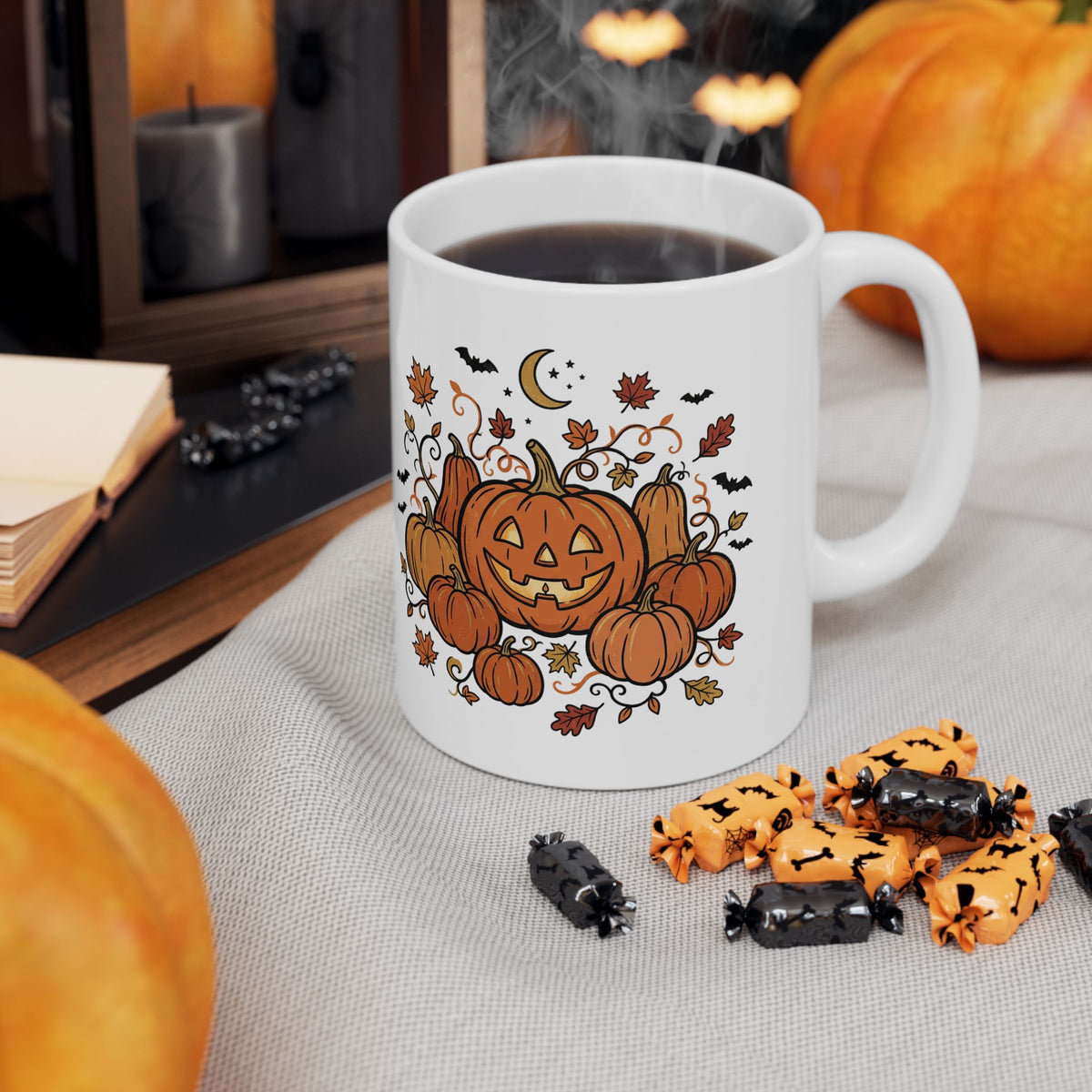 Halloween Pumpkin Jack-O'-Lantern Ceramic Mug – Autumn Leaves, Bats & Moon (11oz/15oz)