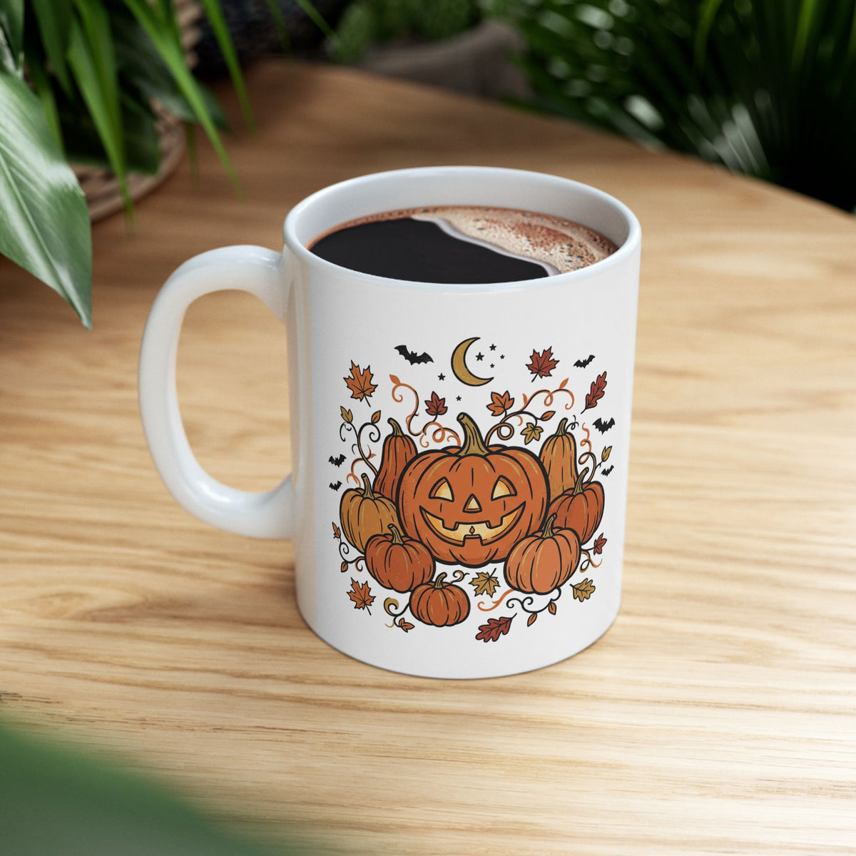 Halloween Pumpkin Jack-O'-Lantern Ceramic Mug – Autumn Leaves, Bats & Moon (11oz/15oz)