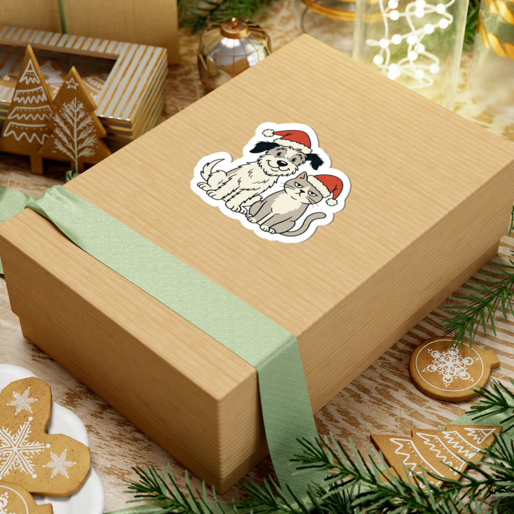Holiday Dog and Cat Sticker — Cute Pets in Santa Hats Kiss-Cut Sticker