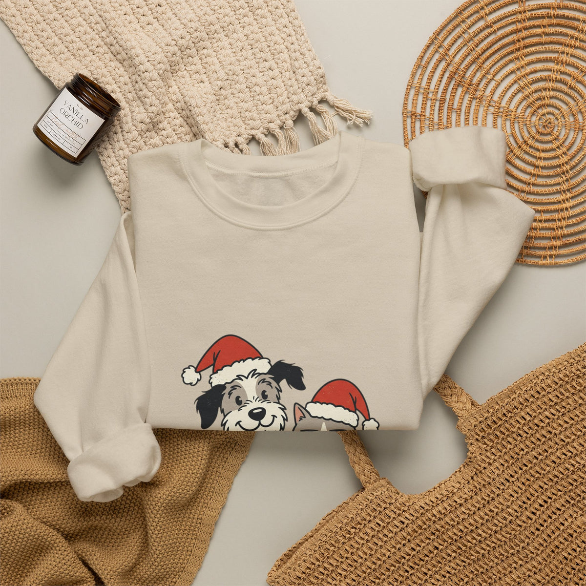 Holiday Pet Crewneck Sweatshirt — Dog & Cat in Santa Hats Christmas Sweater