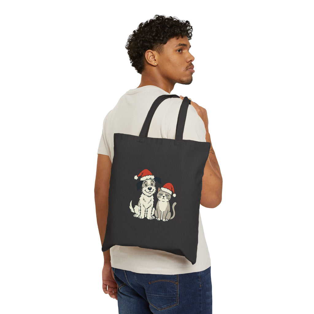 Canvas Tote Bag — Cute Dog & Cat in Santa Hats Holiday Tote