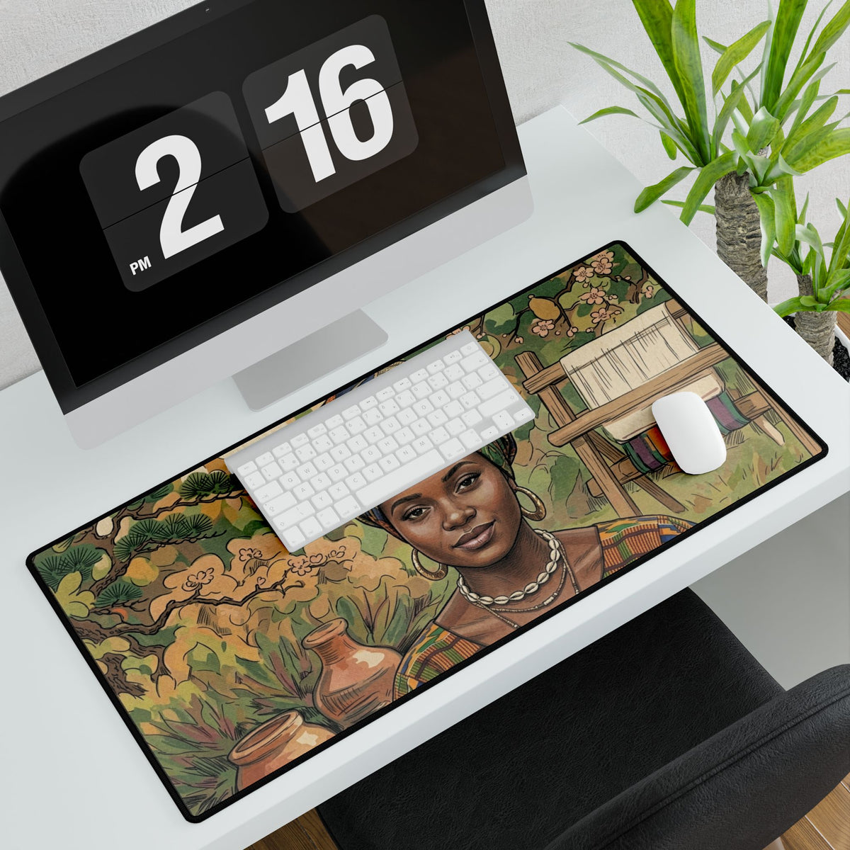 African Woman Art Desk Mat — Boho Floral Desk Pad for Home Office