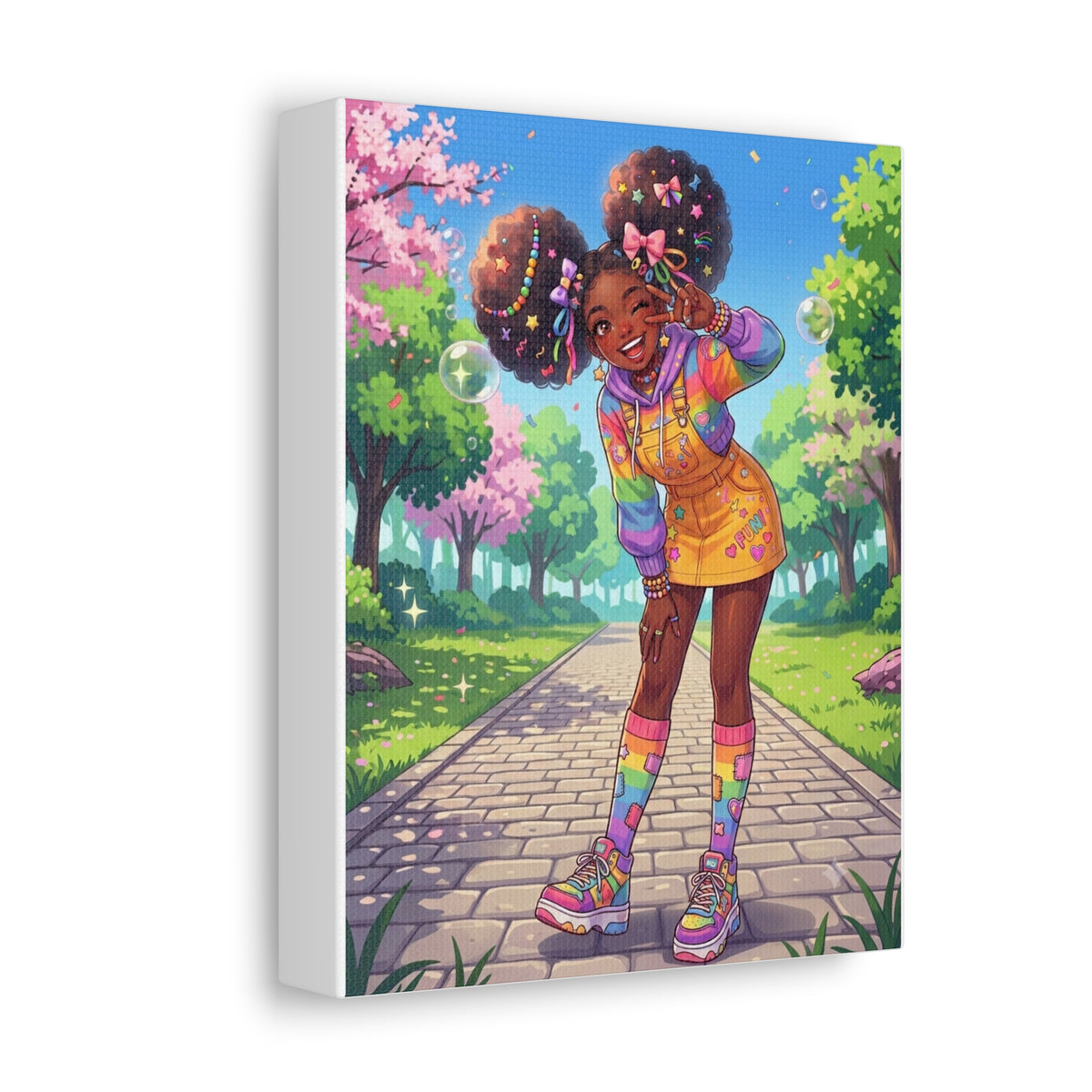 Heaven & Root Cute Black Girl Anime Wood Canvas Print - Vibrant Rainbow Afro Puff Wall Art for Kids Bedroom, Nursery & Playroom Decor