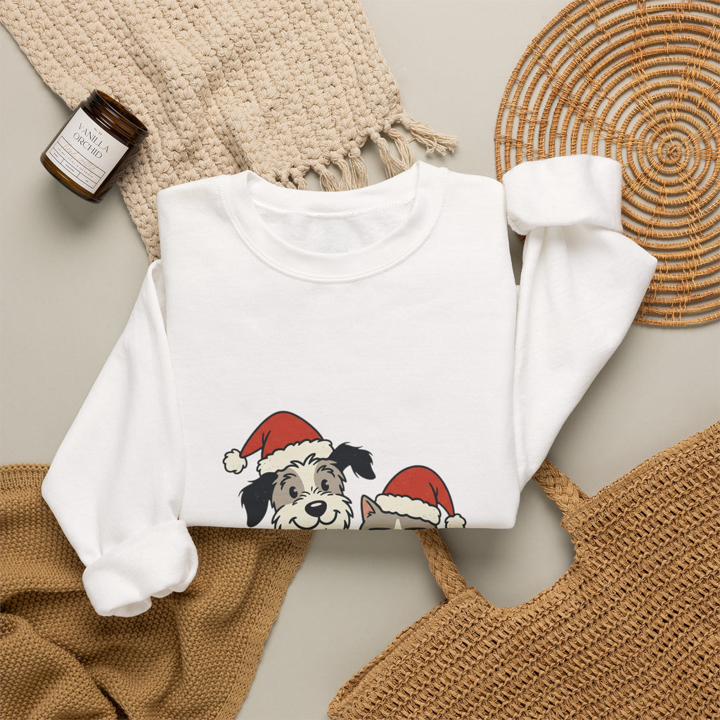 Holiday Pet Crewneck Sweatshirt — Dog & Cat in Santa Hats Christmas Sweater