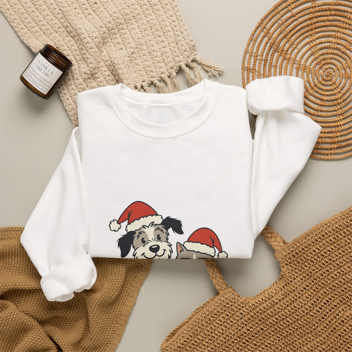 Holiday Pet Crewneck Sweatshirt — Dog & Cat in Santa Hats Christmas Sweater