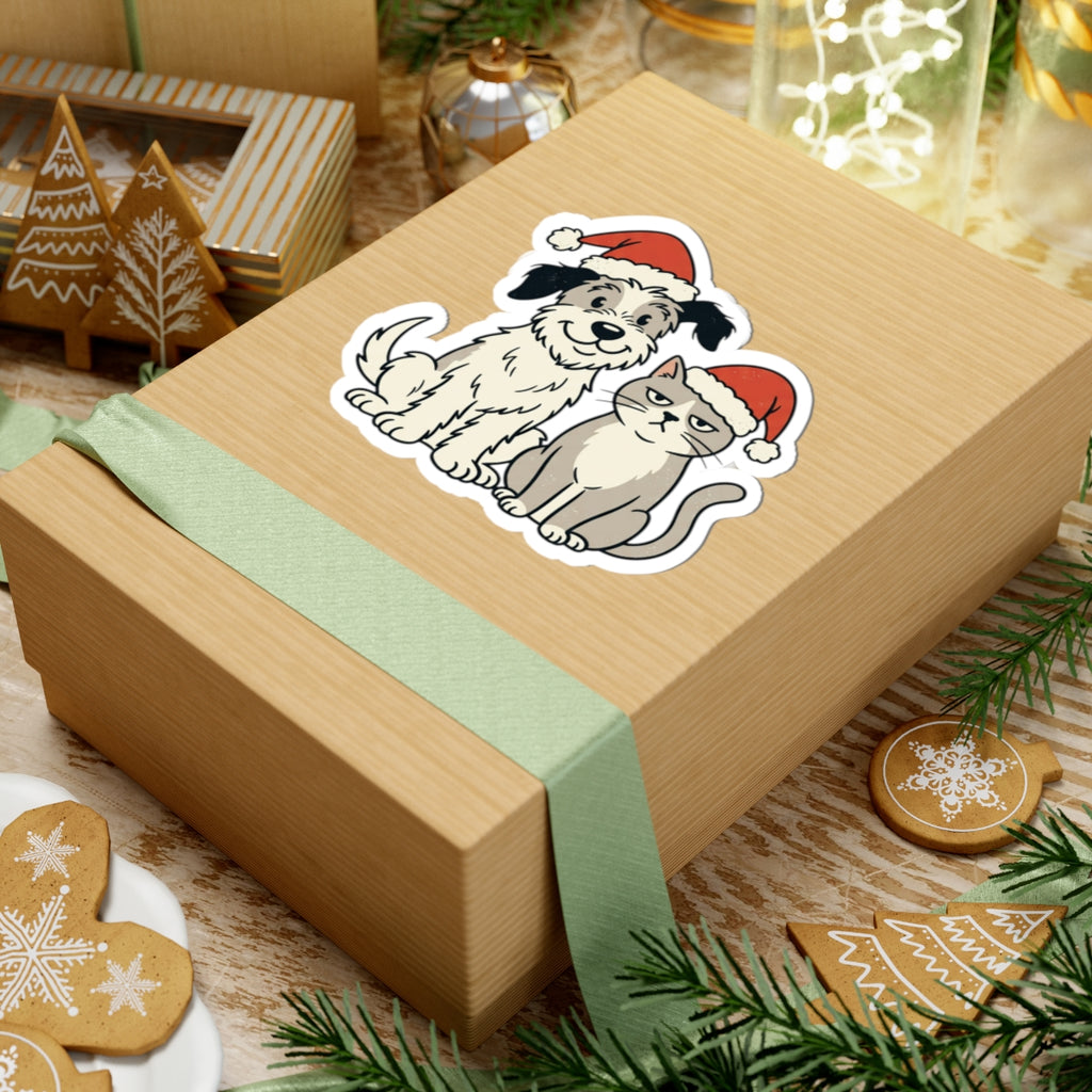 Holiday Dog and Cat Sticker — Cute Pets in Santa Hats Kiss-Cut Sticker